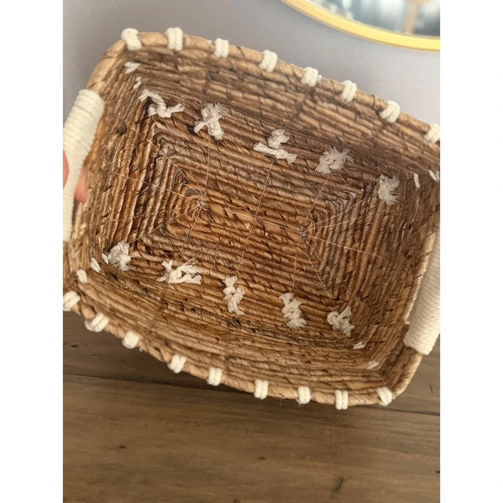 Boho Woven Seagrass Basket Macrame Overlay Rope Handles Small Storage